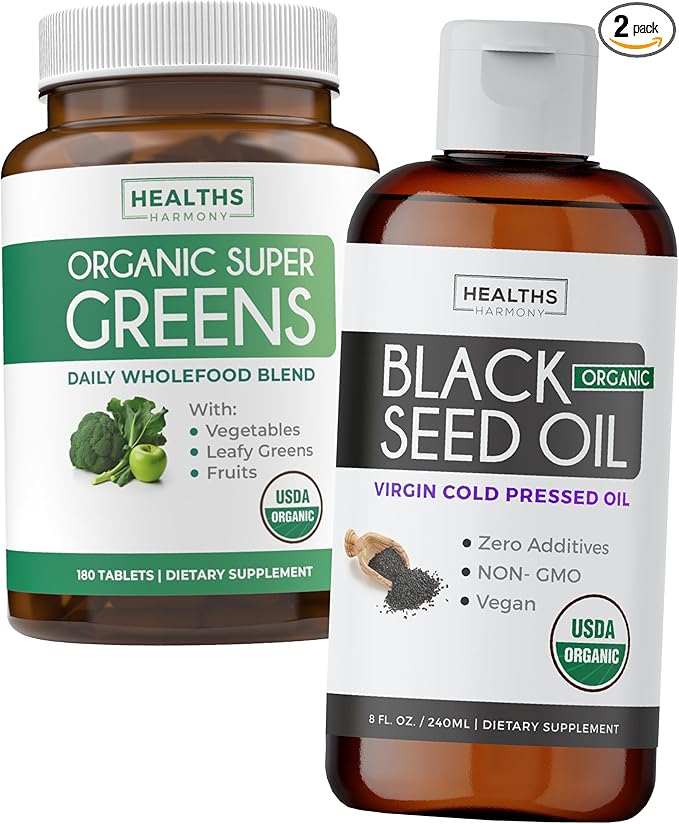 Super Greens &amp Black Seed Oil (3-Month Supply) Herbal Oil Blend Bundle of Organic Super Greends Powder - Complete Superfood (180 Capsules) &amp Organic Black Seed Oil Liquid - Cold pressed (8 fl