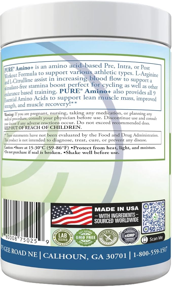 PURE® Amino+ Essential Amino Acids Powder - 30 Servings 500g - Full Spectrum EAA with L-Arginine L-Citrulline &amp Beet Root - Muscle Recovery &amp Hydration Drink - Fruit Punch Flavor Made in US