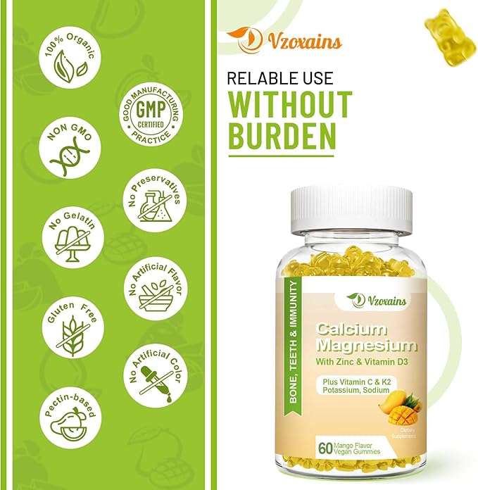 High Absorption Calcium Gummies Calcium Magnesium Zinc with Magnesium Glycinate Potassium Vitamin D3 for Women &amp Men- Mango Flavor 120 Cts
