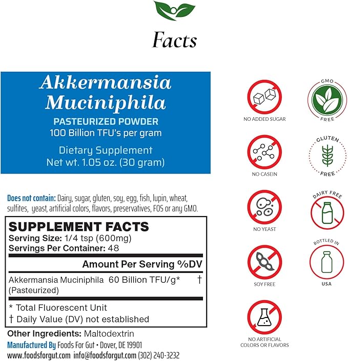 Foods For Gut Akkermansia Muciniphila Pasteurized Powder 100 Billion TFU/g | Direct from Manufacturer | No Third-Party Storage | Digestive &amp Immune Support | High Potency | 30 Grams (1.05 Oz)