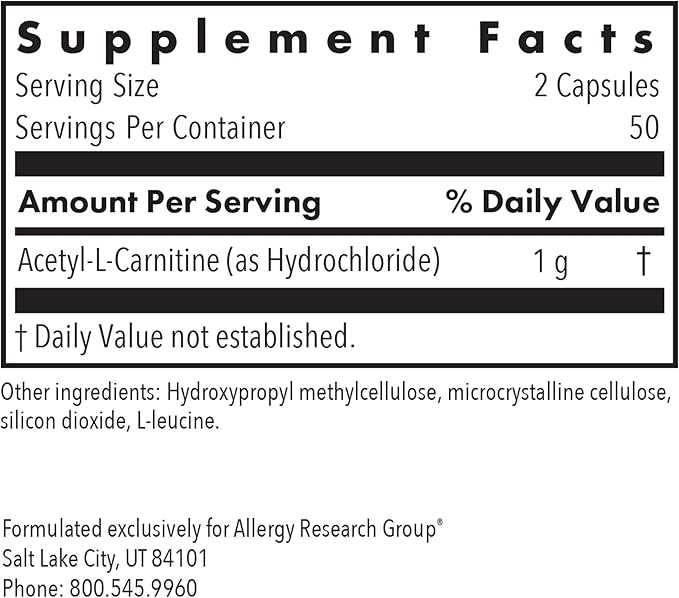 Allergy Research Group Acetyl-L-Carnitine 500mg Supplement - Metabolism and Energy Support ALC Free Form Amino Acid Vegetarian Capsules - 100 Count