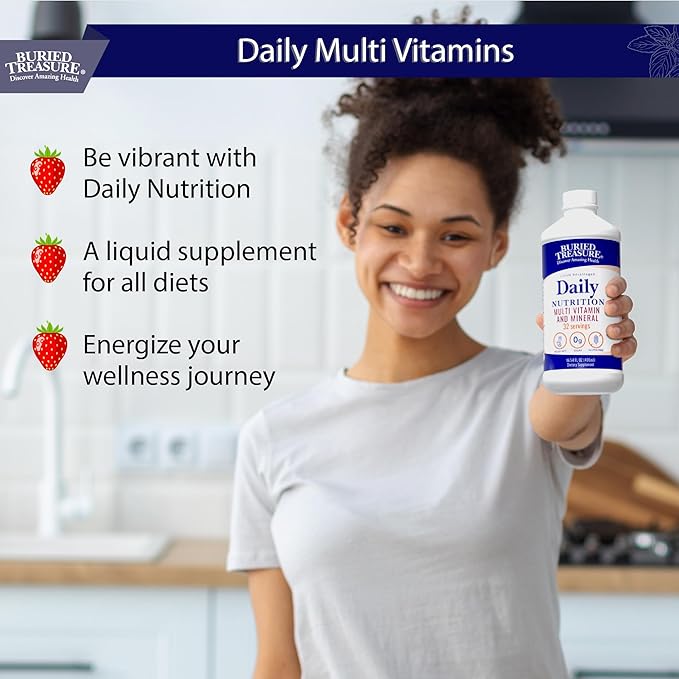 Buried Treasure Daily Nutrition Liquid Multivitamin and Mineral Supplement with Trace Minerals Superfoods Vitamin A B-Complex C D E Methylfolate Biotin Magnesium Zinc Resveratrol 32 serv