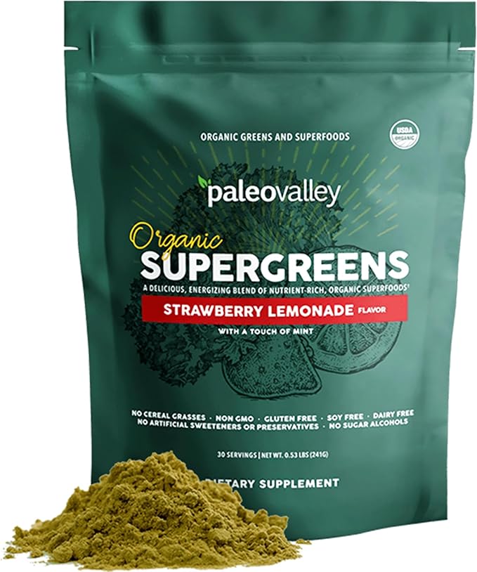 Paleovalley Organic Supergreens - Organic Greens Powder Superfood for Immune Support - Paleo Green Powder Blend - 30 Servings - 23 Superfoods - Gluten Free No Cereal Grasses Soy or Grain