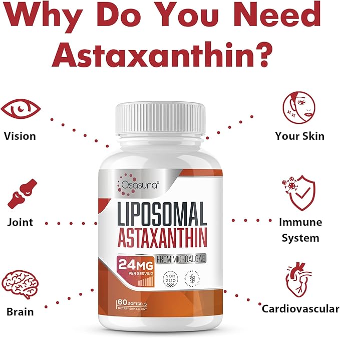 Liposomal Astaxanthin Supplement 24MG Maximum Absorption Antioxidant Stronger Than VIT C Non-GMO &amp Gluten Free - 120 Softgels(4 Months Supply)