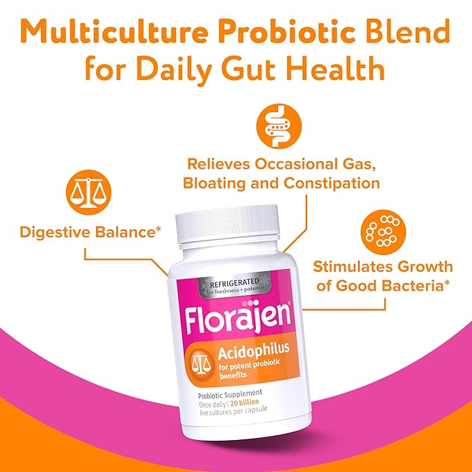 Florajen Acidophilus High Potency Refrigerated Supports Overall Health 20 Billion CFUs for Potent Probiotic Benefits Unflavored 60 Count