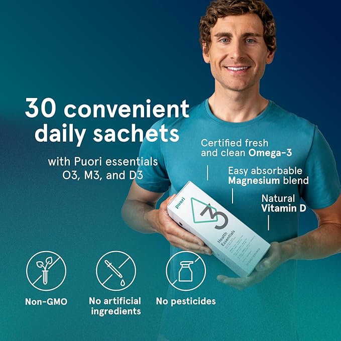 Puori P3 Health Essentials with Magnesium Zinc Complex Omega 3 Fish Oil &amp Vitamin D3 Supplements - Men &amp Womens Daily Multi-Vitamins for Immune System Support &amp Overall Health - 30 Servin