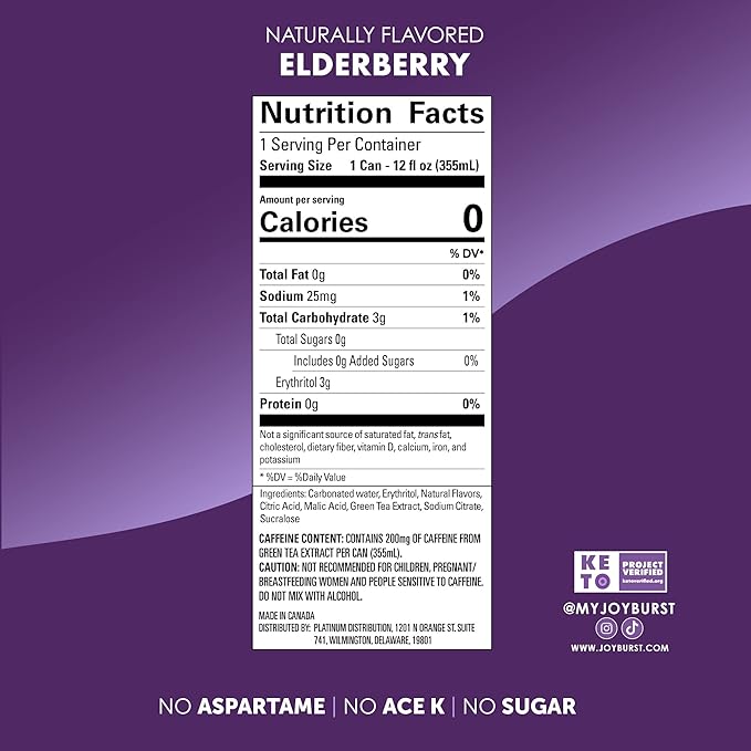 No Sugar Joyburst Energy Drink Elderberry 0 Calorie 0 Sugar Sugar Free Energy Drink with Natural Caffeine Hint of Sweetness and Refreshing Sparkling Water - 12 Packs