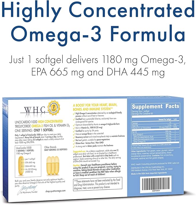 WHC UnoCardio 1000 Fish Oil 1300 mg of Pure Triglyceride Fish Oil with Omega-3 (1180 mg) 665 mg EPA and 445 mg DHA and 25 mcg (1000 IU) Vitamin D3 per softgel Natural Orange 60 softgels