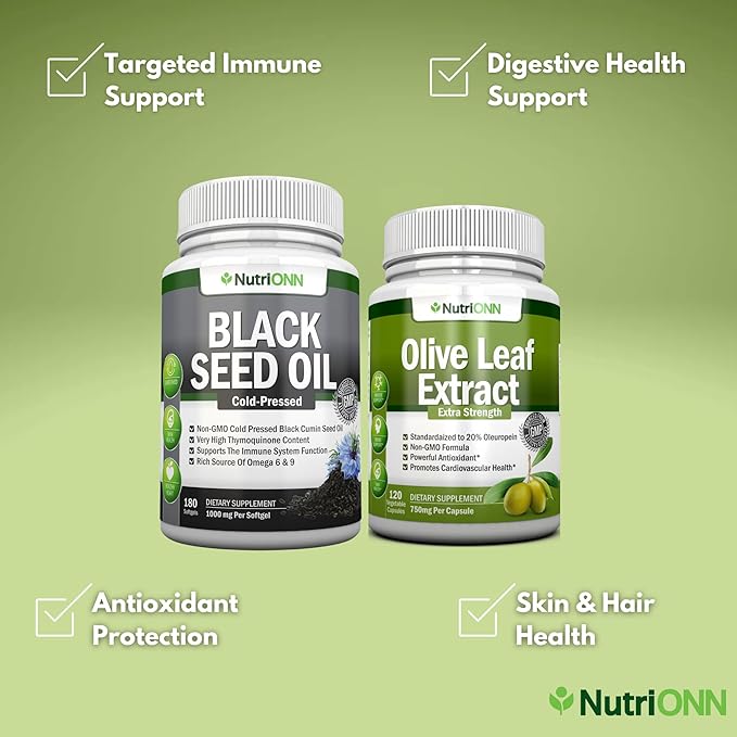 Black Seed Oil Softgels &amp Olive Leaf Extract Capsules Combo - Targeted Immune Support