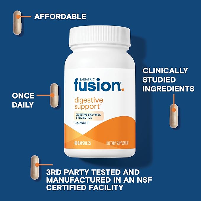 Bariatric Fusion Digestive Support: Digestive Enzymes with Probiotics | Vegan Supplement | Probiotics for Digestive Health and Gut Health Support | Gluten Dairy &amp GMO Free | 60 Capsules