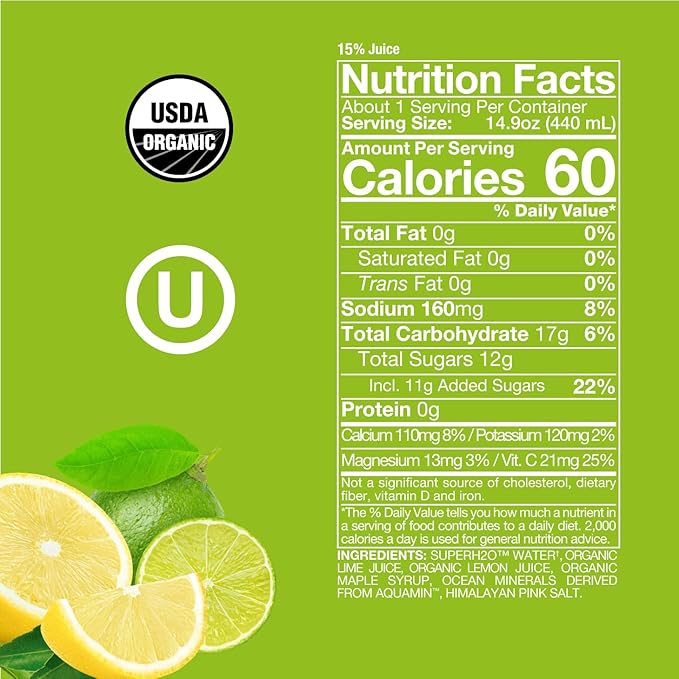 Organic Lemon Lime Electrolytes SuperAde Drink Effective Hydration SuperFood Lemonade by Sol-ti Cold-Pressed Juice Blend 16 Pack (14.9 Fl oz)