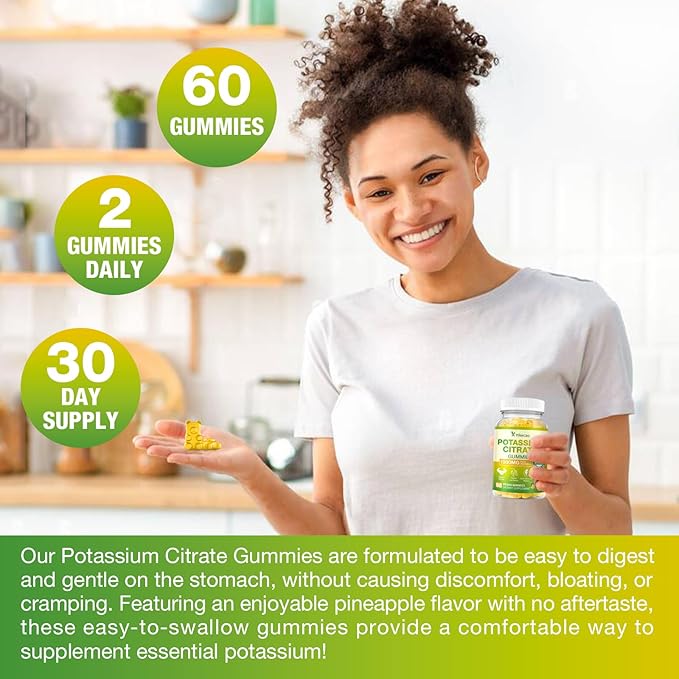 2 Pack Potassium Citrate Gummies 1500mg Potassium Supplement Gummies for Adults Women &amp Men Support Leg Cramps &amp Muscle Health Sugar-Free Pineapple Flavor 120 Count