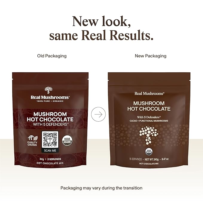 Real Mushrooms Organic Hot Chocolate Mix with Reishi Turkey Tail Chaga Shiitake Maitake – Cacao Powder Organic Mushroom– 5 Defenders Mushroom Cacao Powder Vegan Gluten-Free 15 Servings