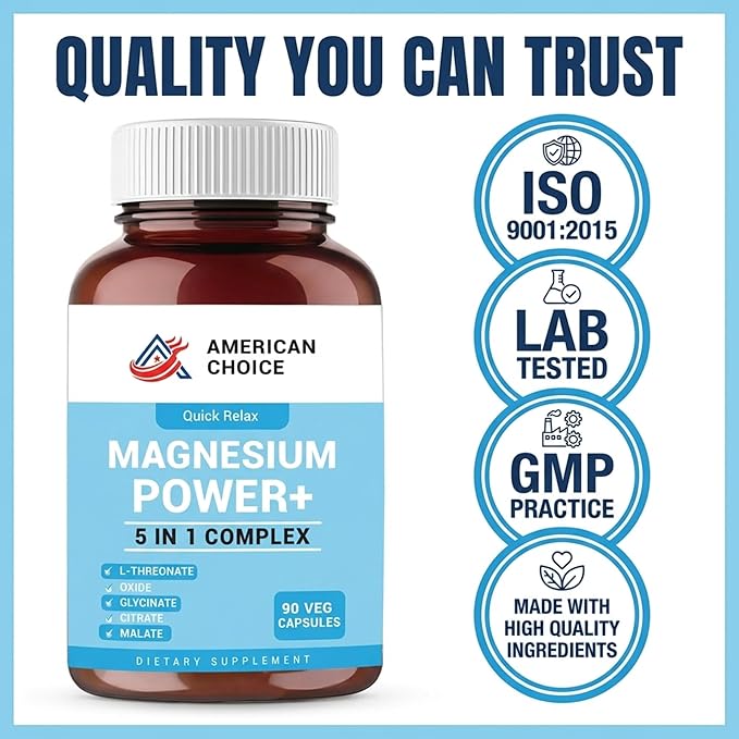 Magnesium Power+ 5-in-1 Magnesium Complex with L-Threonate for Brain Health &amp Focus | Glycinate Citrate Malate for Sleep Calm &amp Muscle Recovery | 200mg for Women and Men | 90 Veggie Capsule