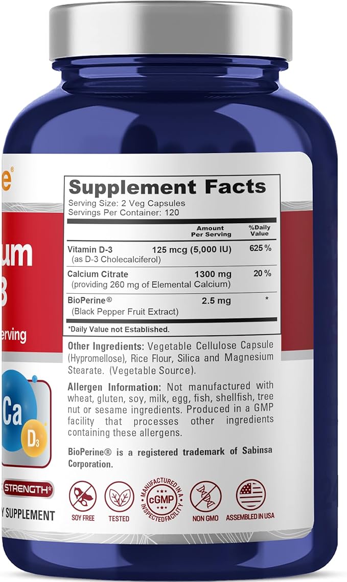 NusaPure Super Calcium with Vitamin D 3 &amp Calcium Citrate - Suitable for Vegetarian/Vegan Non - GMO - 1300mg - 240 Capsules