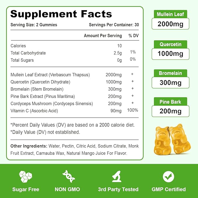 Mullein Gummies Mullein Leaf Extract with Bromelain Quercetin Pine Bark Support Lung Cleanse for Healthy Breathing 120ct