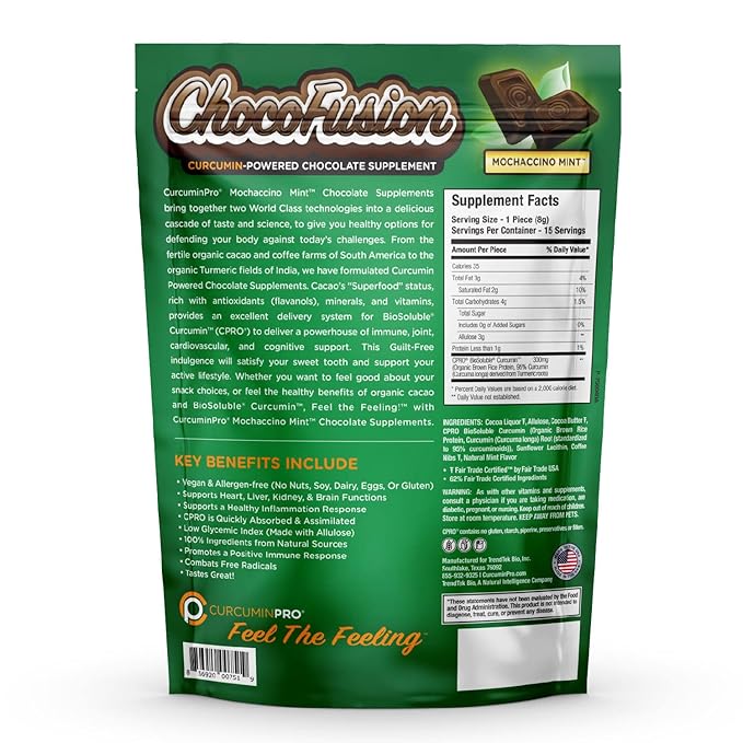 CurcuminPro ChocoFusion Moccachino Mint 2 Pack | The World's Only BioSoluble Curcumin | Made from Organic Turmeric | Vegan Allergen Free Sugar Free Keto Friendly Organic Non-GMO Chocolates
