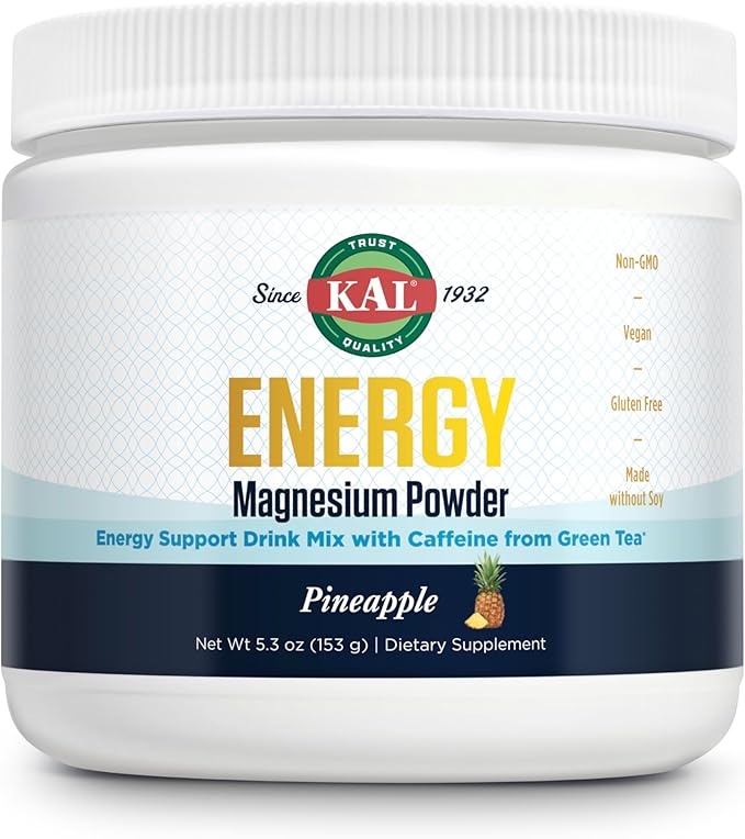 KAL Energy Magnesium Powder Drink Pineapple Flavor Magnesium Citrate Powder Energy Support with Green Tea Caffeine Sugar Free 40 Servings