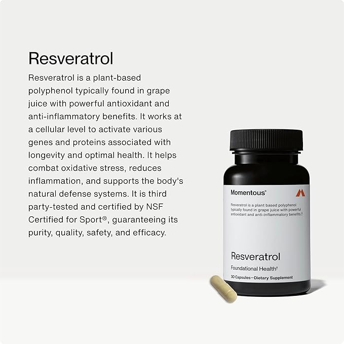 Momentous Resveratrol Supplement 450 mg - Trans-Resveratrol for Healthy Aging Brain &amp Heart Support - NSF Certified for Sport - GMO- &amp Gluten-Free - 30 Servings