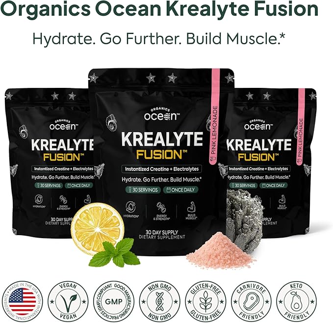 Organics Ocean Krealyte Fusion - Instantized Creatine Monohydrate Powder with Electrolytes - Muscle Strength Endurance &amp Hydration Support - Vegan Sugar-Free Pink Lemonade Flavor - 30 Servings
