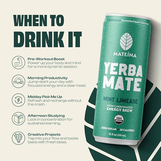 Mateina Yerba Mate Zero Sugar Energy Drink – 120mg Natural Caffeine – Organic Non-GMO Non-Carbonated – Dr. Andrew Huberman Recommended – (12 fl oz Cans 12 Pack) Mint Limeade
