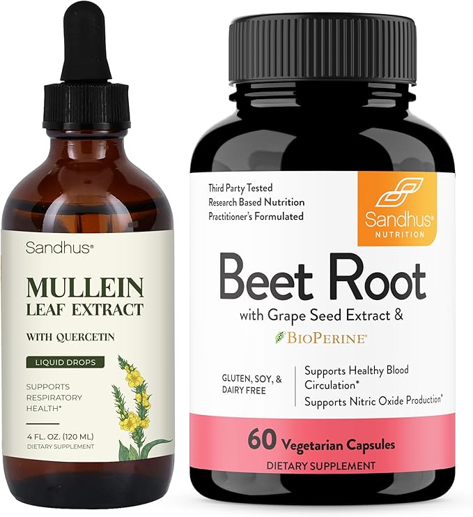 Sandhu's Mullein Drops for Lungs Bundle with Beetroot Powder Capsules | Supports Immune Health &amp Overall Wellness for Men &amp Women