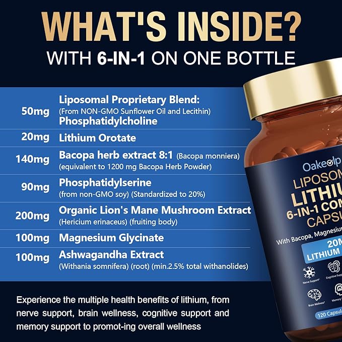 2 Pack Liposomal Lithium Orotate 20MG Capsules - Complex Magnesium GlycinateLions Mane Bacopa Phosphatidylserine &amp Ashwagandha for Mood &amp Immune Support Digestive System Support