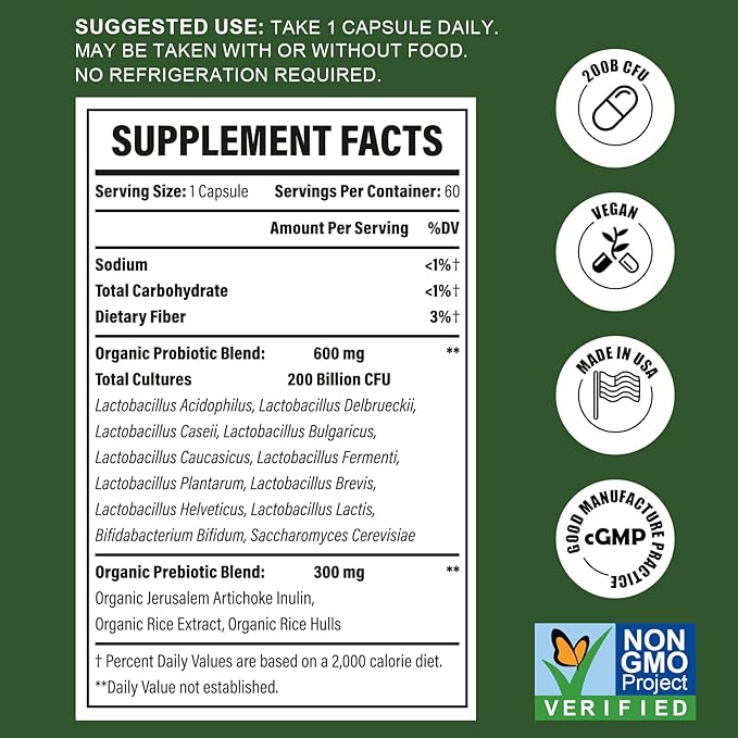 Probiotics for Women &amp Men - 200 Billion CFU 12 Strains Probiotics for Digestive Health Gut &amp Immune Health Energy with Organic prebiotics and probiotics Shelf Stable for Bloating 180 Capsul