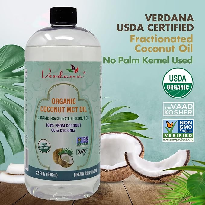 Verdana Organic MCT Oil 32 oz – Food Grade USDA Organic for Keto Coffee Unflavored Natural Oil Pulling Mouthwash &amp Massage - Coconut Derived Fractionated – Medium Chain C8 C10 – Non-GMO Kosher