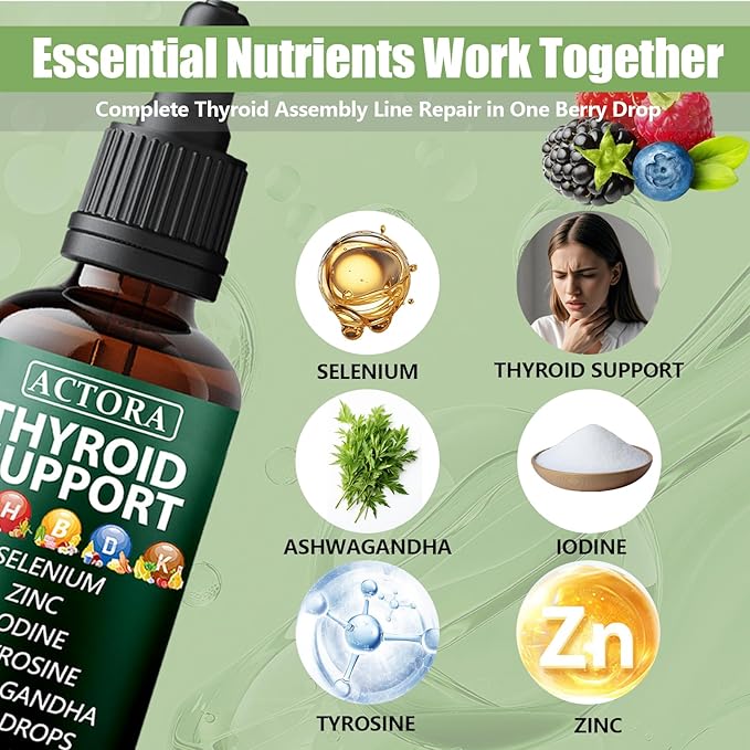 savari Actora Thyroid Support Liquid Drops - with Selenium Zinc Iodine L-Tyrosine Ashwagandha Multivitamin - for Hormonal Balance Gut Health Mood Sleep Support - 4 fl. oz (120mL) - 1 Piece