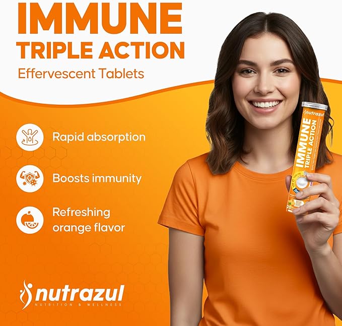nutrazul Immune Triple Action Effervescent Tablets with Vitamin C 1000mg Vitamin D Zinc Support Daily Routine Gluten-Free Sugar-Free Lactose-Free Orange Flavor 20 Tablets (Pack of 5x20)