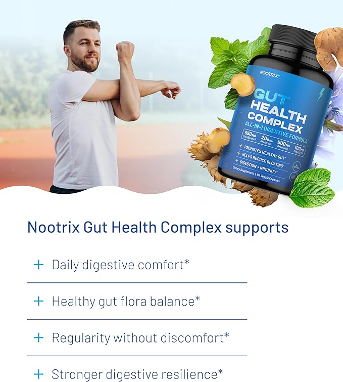 Nootrix Gut Health Complex Supplement | Probiotics for Gut Health Colon Cleanse &amp Bloating Relief | Promotes Healthy Digestion | Digestive Enzymes Postbiotics &amp Prebiotics | 90 Capsules