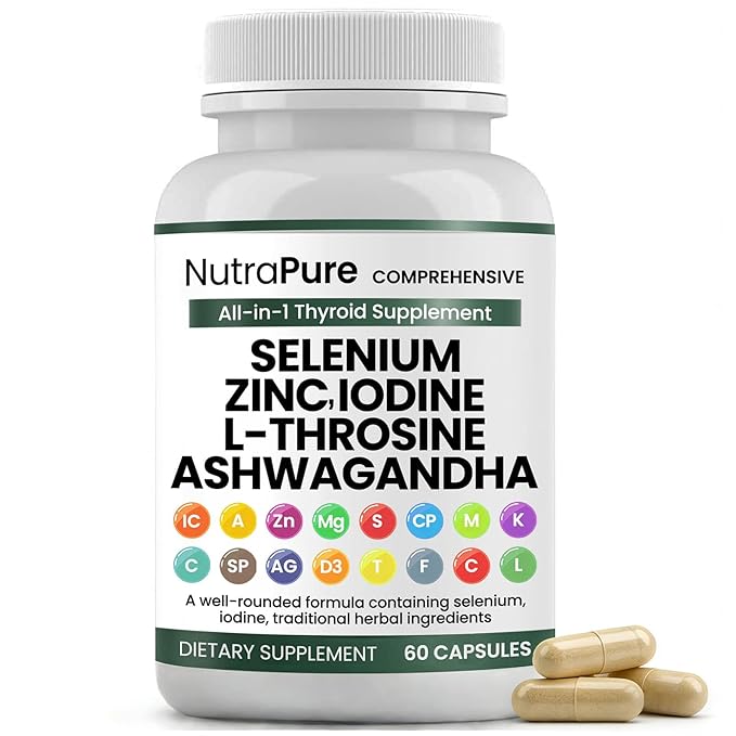 Thyroid Support - Thyroid Support for Women &amp Men | Selenium Iodine L Tyrosine Ashwagandha Bladderwrack Turmeric Kelp Schisandra Zinc - 60 Capsules (1 Bottle)