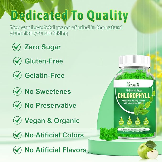 Chlorophyll Gummies - Super Green 13 in 1 with Ashwagandha Vitamin C Zinc &amp Copper for Body Odor Skin Energy Immune Support Deodorant for Women - 120 Count