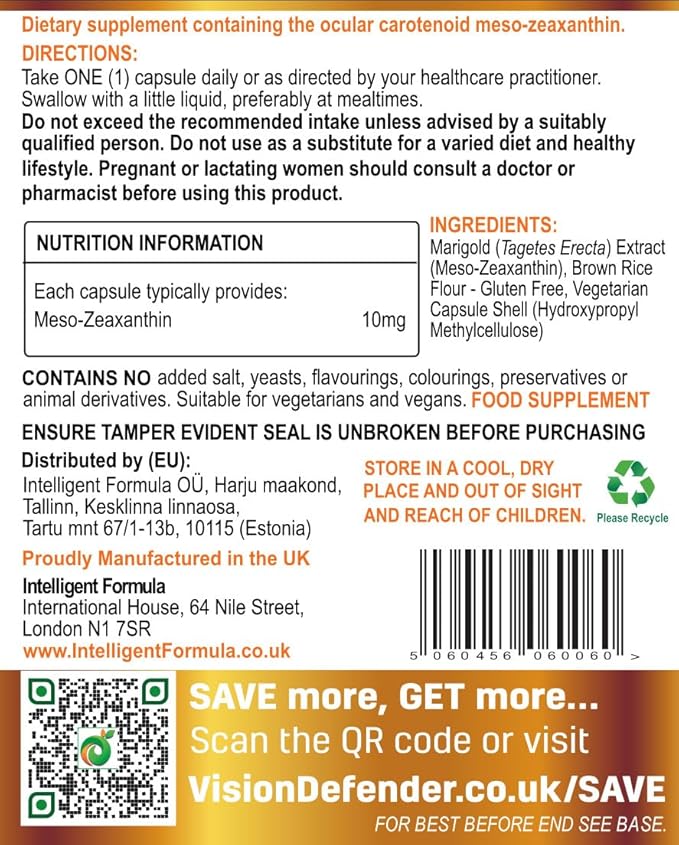 Vision Defender Meso Zeaxanthin Vegan Eye Supplement MZ- Protect and Improve Ocular Health &amp Eye Care High Strength Antioxidant Carotenoid Meso-Zeaxanthin for Eyes (90 Capsules/One Daily) Made in