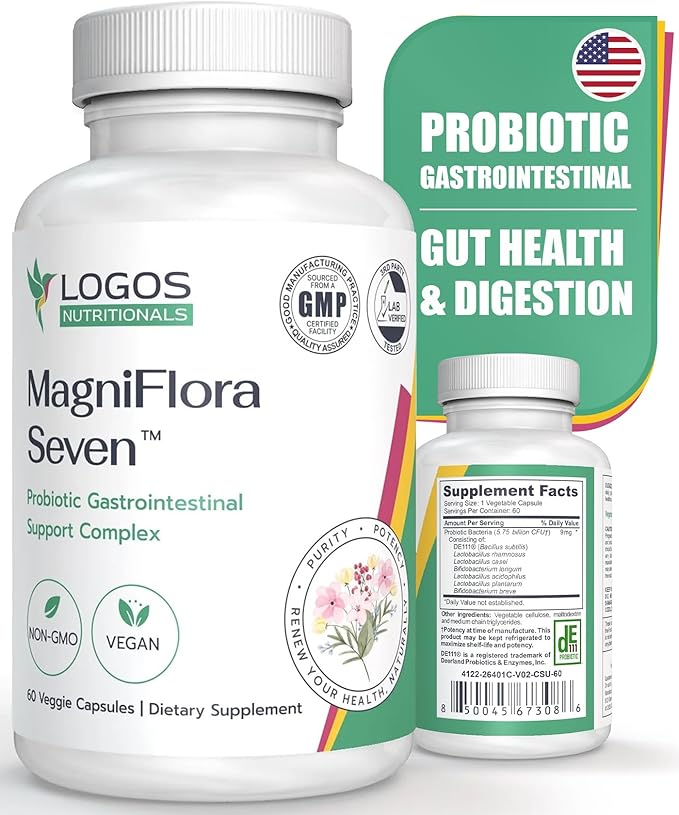 MagniFlora Seven Probiotic 5 Billion CFU - 60 Vegan Capsules 7 Strain Blend for Digestive Health Immune Boost Probiotic Supplements for Men &amp Women