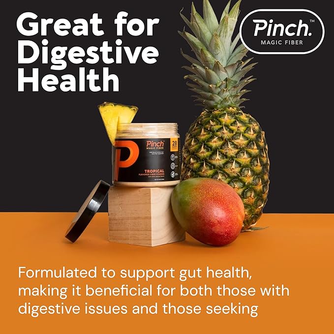 Pinch Magic Fiber | Prebiotic Supplement for Digestive Health | Psyllium Husk Powder | Keto Vegan Sugar-Free | Tropical &amp Lemon Ginger Flavors | USA-Made | 28-Day Supply for All