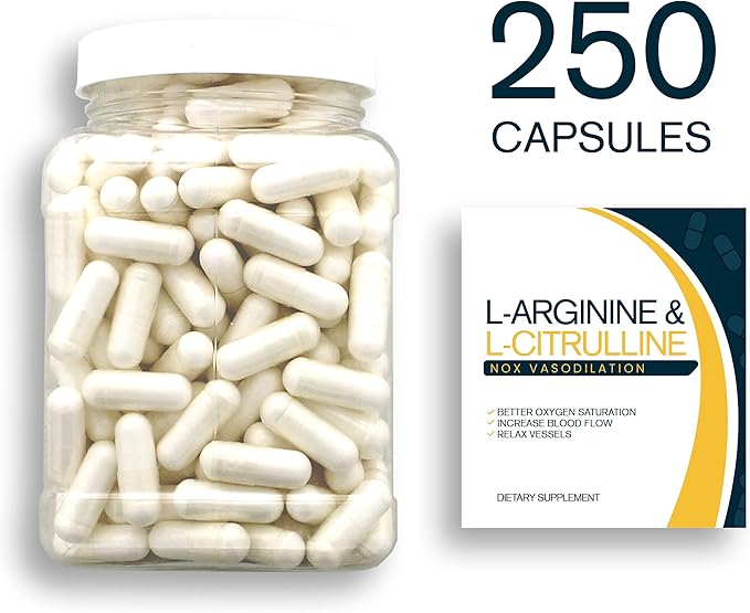 NOX Blend - 250 Capsules of L-Arginine &amp L-Citrulline in a Clear Square Grip Jar