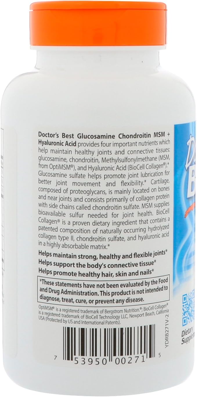 Doctor's Best Glucosamine Chondroitin MSM + Hyaluronic Acid with OptiMSM Featuring Biocell Collagen Joint Support Non-GMO Gluten &amp Soy Free 150 Caps