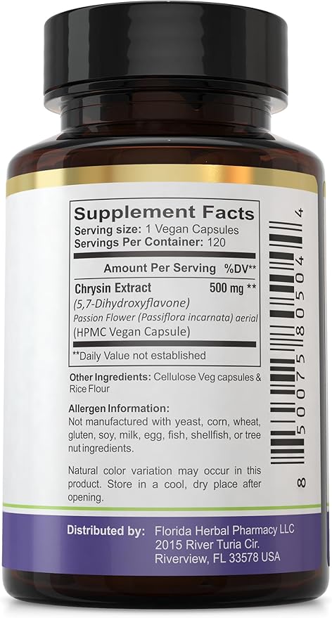 Florida Herbal Pharmacy Chrysin 5 7 - Dihydroxyflavone Supplement Capsules (120 Capsules) 4 Months Supply