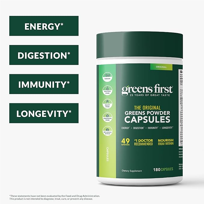Greens First Phytonutrient Capsules - 49 Antioxidant-Rich Superfoods with Organic Fruits &amp Veggies Prebiotics Probiotics and Digestive Enzymes - 180 Capsules