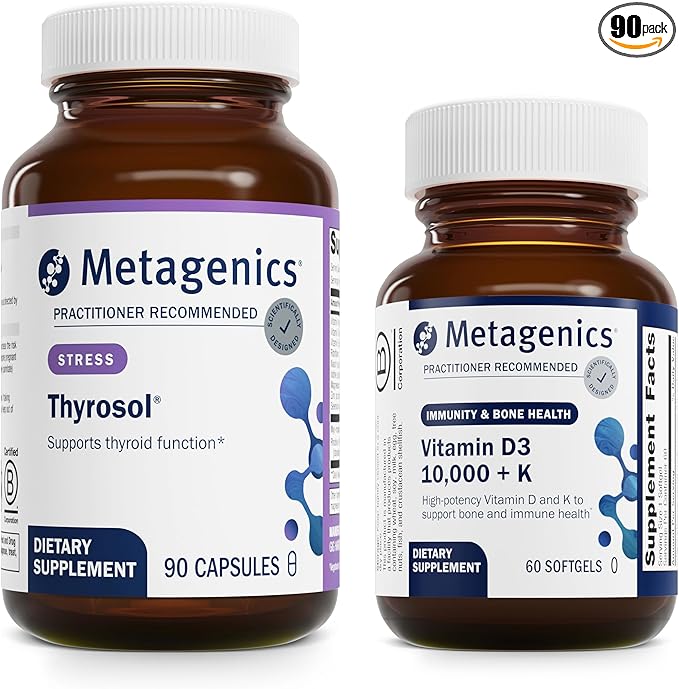 Metagenics Bundle - Thyrosol &amp D3 10000 + K - 90 Count of Thyrosol for Thyroid Health - 60 Softgels of D3 10000 + K for Immune Support Bone Health &amp Heart Health