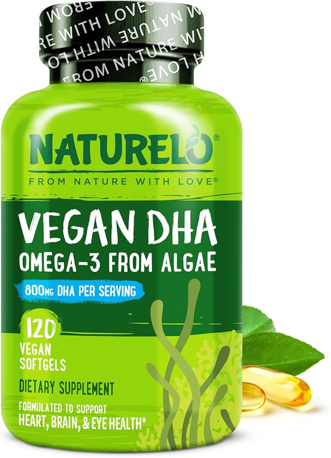 NATURELO Vegan DHA Vegan Omega 3 Supplement 120 Softgels Supports Brain/Heart/Eye Health Complements Prenatal Vitamins Essential Fatty Acids Omega 3 Supplement for Women &amp Men