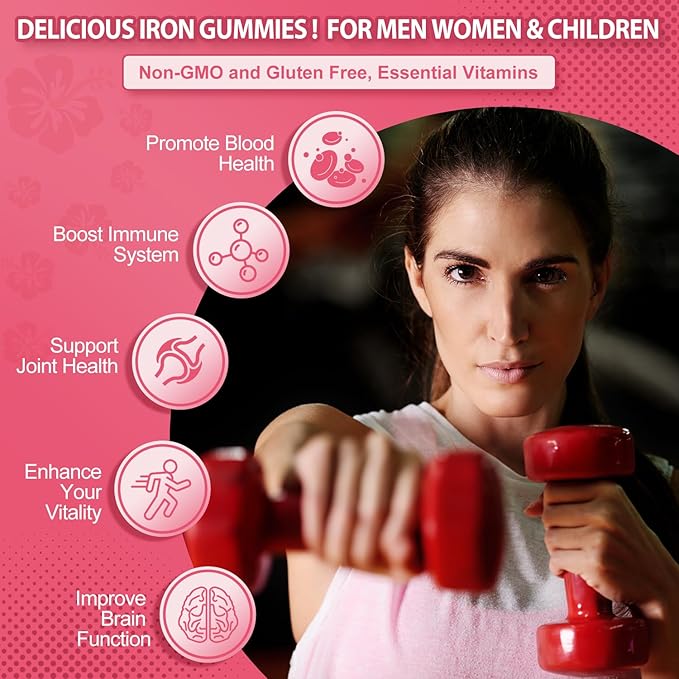 Iron Gummies for Women Men Vitamin Supplement 65mg &amp Vitamin C 250mg Per Serving with B6 B12 Folate- Energy Support for Iron Deficiency Anemia Vegan Guava Hibiscus Flavor 120 Count
