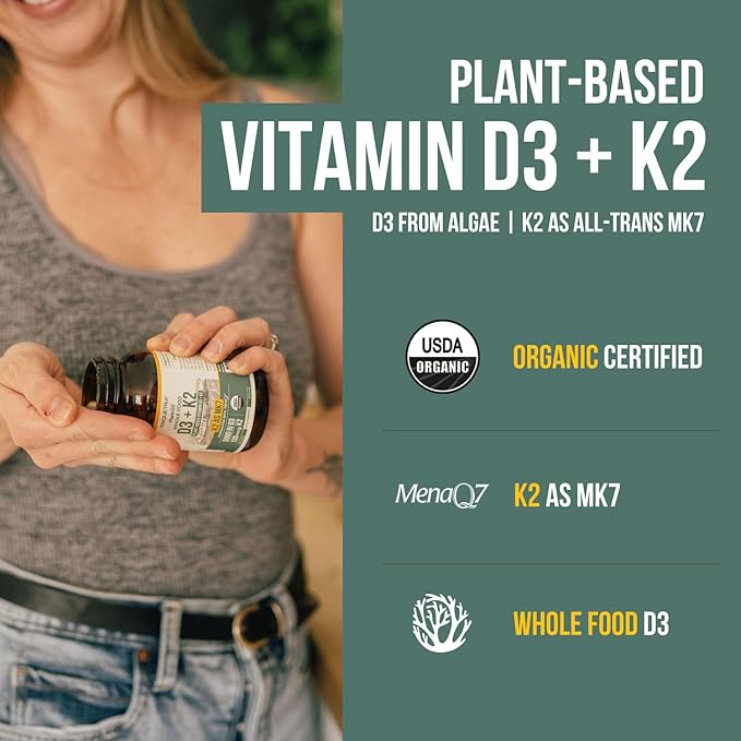 Organic Plant D3 + K2 | 5000 iu D3 + 120 mcg K2 as All-Trans MK7 from MenaQ7® - 100% Whole Food Raw &amp Vegan | Enhanced Digestion with Prebiotic &amp Superfood Complex – D3 from Organic Algae (60