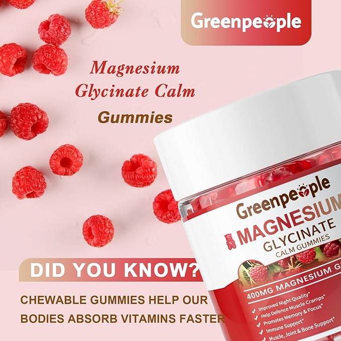 GREENPEOPLE Magnesium Glycinate Gummies 400mg - Sugar Free Magnesium Supplement with Magnesio Citrate Vitamin D and B6 for Calm Support &amp Sleep for Adults - High Absorption - Raspberry Gummies