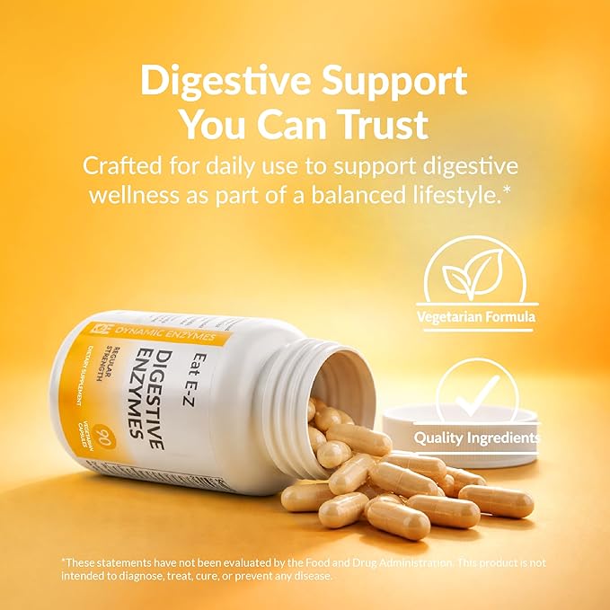Eat E-Z Digestive Enzymes – Broad-Spectrum Enzyme Blend for Proteins Carbohydrates Fats Dairy &amp Fiber – Supports Digestive Comfort &amp Occasional Bloating – 90 Capsules