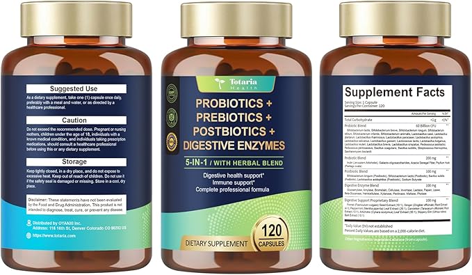 Totaria 5-in-1 60 Billion CFU Probiotic Prebiotic &amp Postbiotic for Women &amp Men w/Digestive Enzymes Slippery Elm Daily Complete Gut Health Digestive &amp Immune Support 4 Month Supply Ve