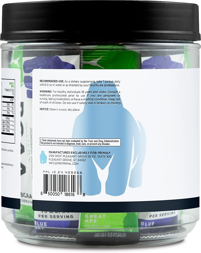 Primal BCAA Variety Pack Blue Raspberry + Great Ape Green Apple Flavored (20 Stickpacks) - 7G BCAA per Serving Branched Chain Amino Acids