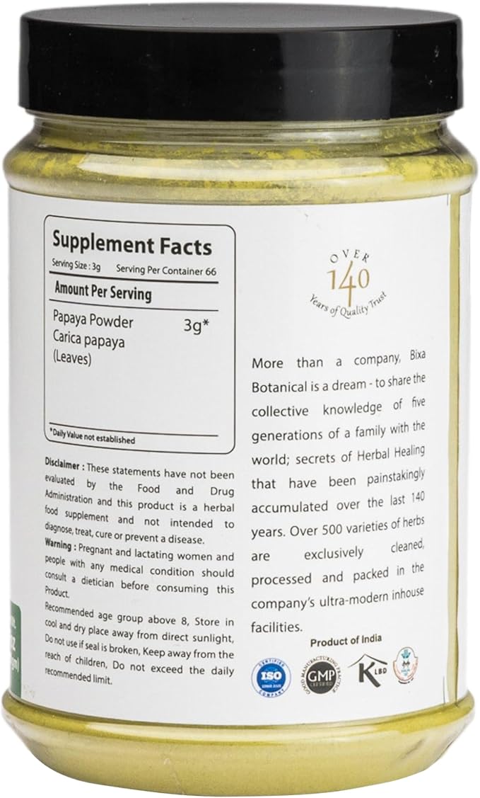 bixa BOTANICAL Papaya Leaf Powder (Carica Papaya) | Ayurvedic Herb Anti-oxidant Agent | Herbal Supplement (200g/7Oz)